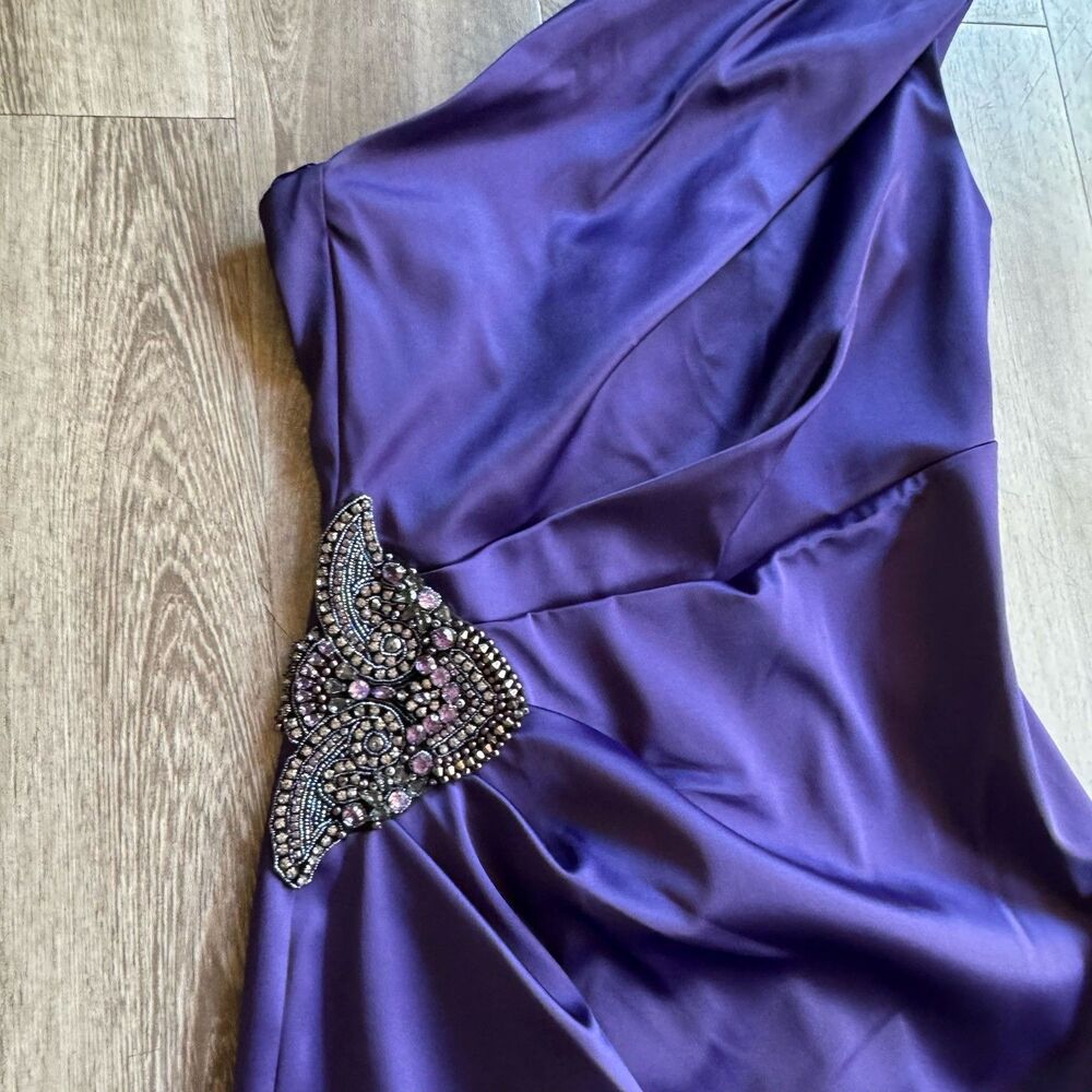 Eliza J Stretch Satin One Shoulder Cocktail Formal Dress Purple Sz 2 Embellish - Picture 12 of 16